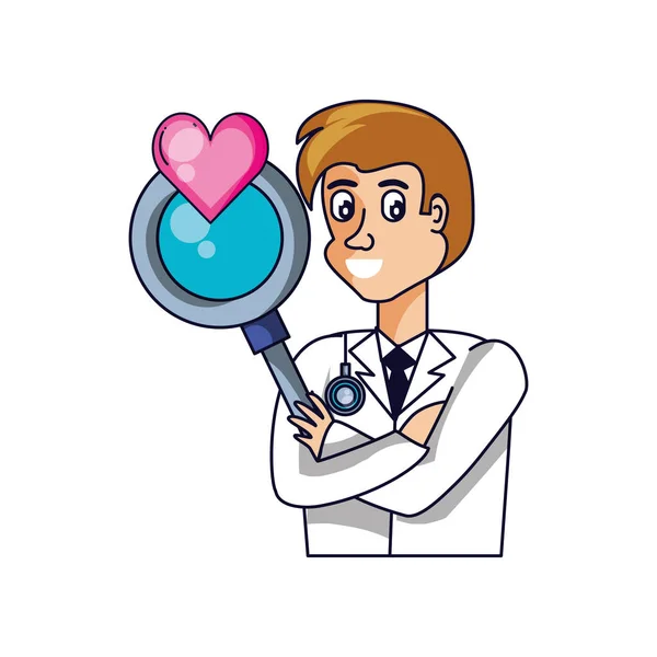Médecin professionnel avec loupe et coeur — Image vectorielle