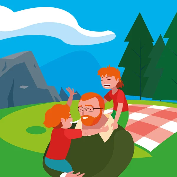 Padre con personajes hijos en el día de picnic de campo — Vector de stock