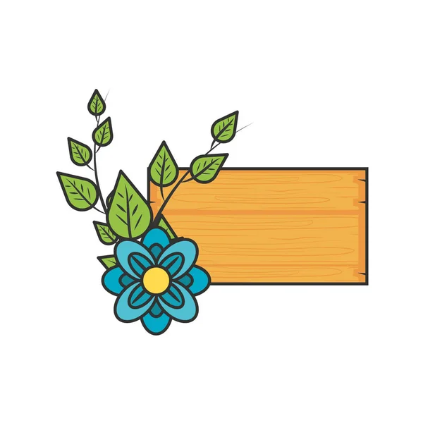 Ετικέτα ξύλινο με λουλούδια και φύλλα — Διανυσματικό Αρχείο