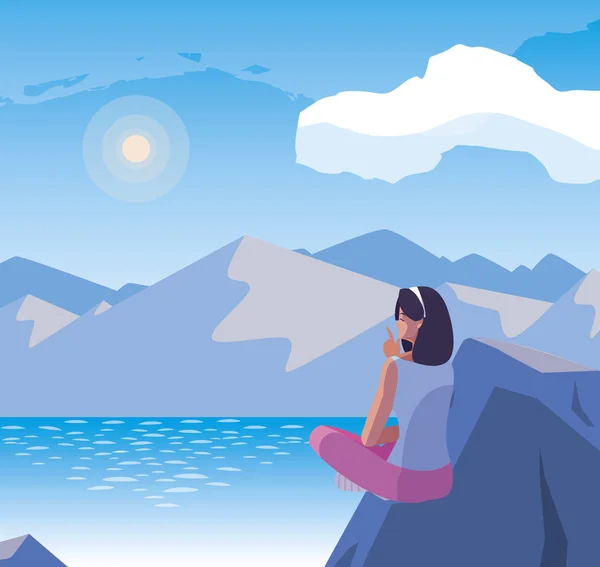 Nő gondolkodás horizont a tó és a hegyek jelenet — Stock Vector