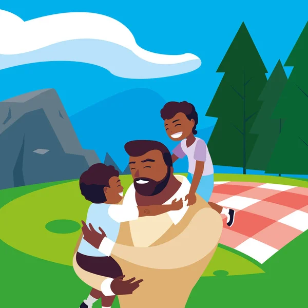 Afro padre con hijos personajes en el campo día de picnic — Vector de stock