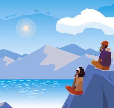 göl ve dağlar sahnesinde ufuk taslayan çift