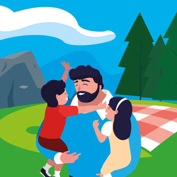 Padre con hijo e hija en el día de picnic de campo — Vector de stock