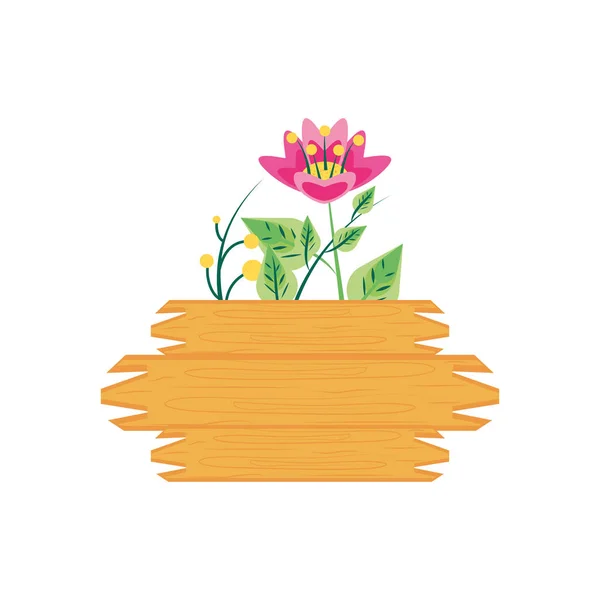 Etiqueta de madeira com flor natural e folhas — Vetor de Stock