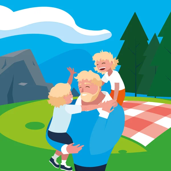 Otec se syny v poli dne na piknik — Stockový vektor