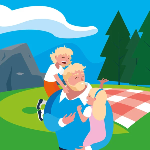 Padre con hijo e hija en el día de picnic de campo — Vector de stock