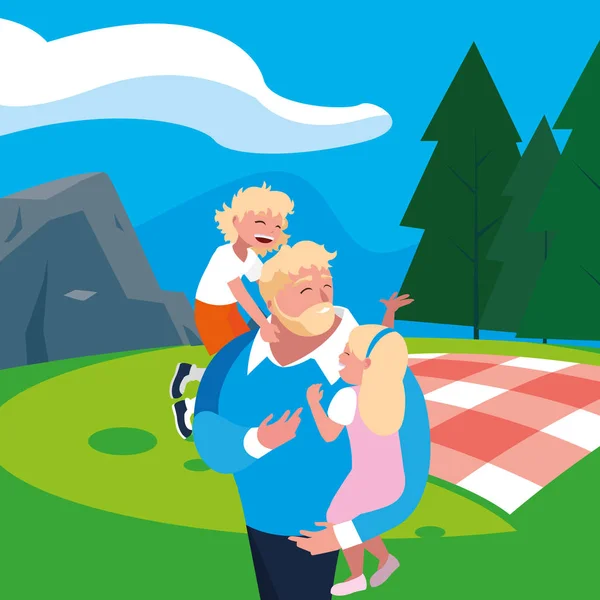 Far med son och dotter i fält picknick dag — Stock vektor