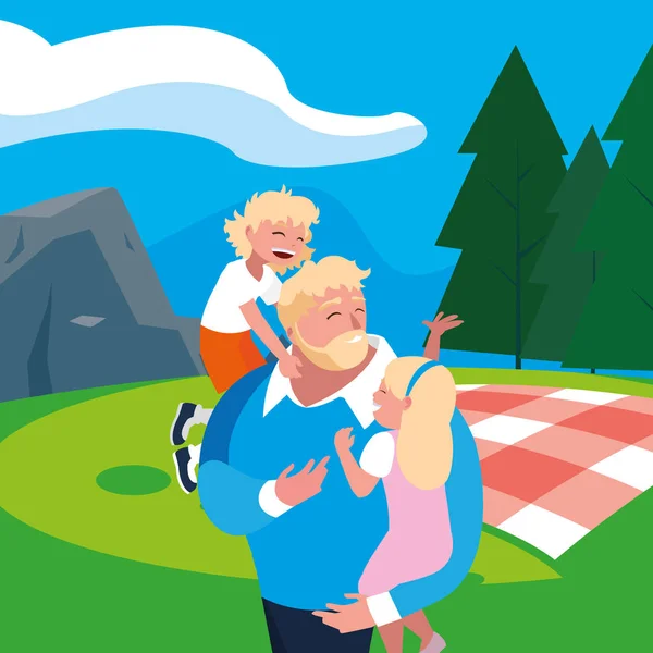 父亲与儿子和女儿在外地野餐日 — 图库矢量图片