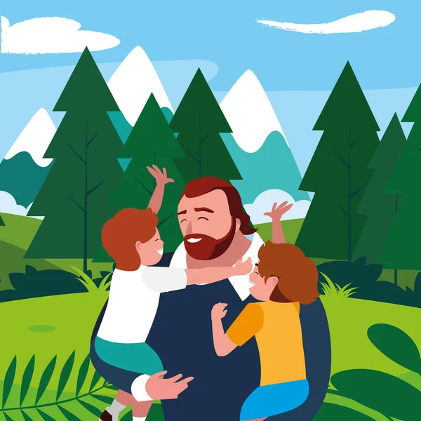 Padre con hijos personajes en el campo — Vector de stock