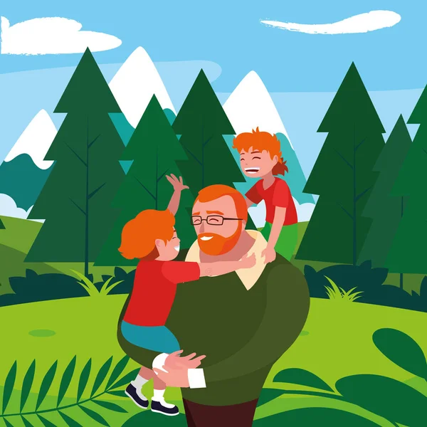 Padre con hijos personajes en el campo — Archivo Imágenes Vectoriales