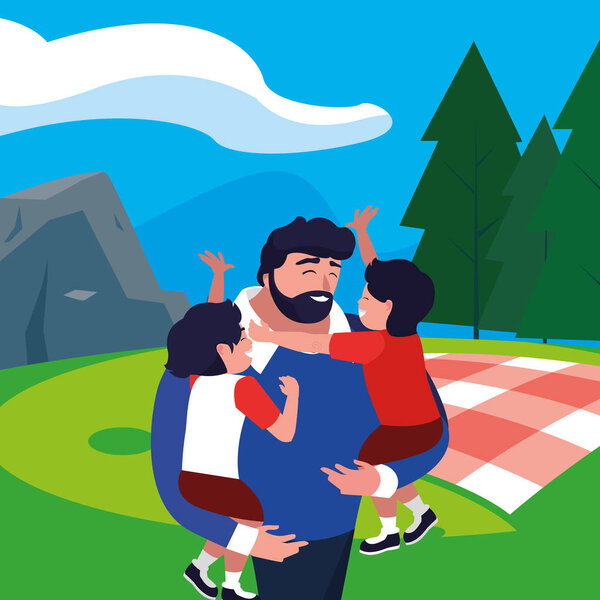 Father with sons characters in the field picnic day Vector Graphics