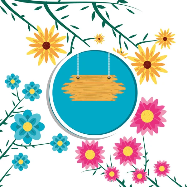 Etiqueta de madeira no quadro circular com decoração de flores — Vetor de Stock