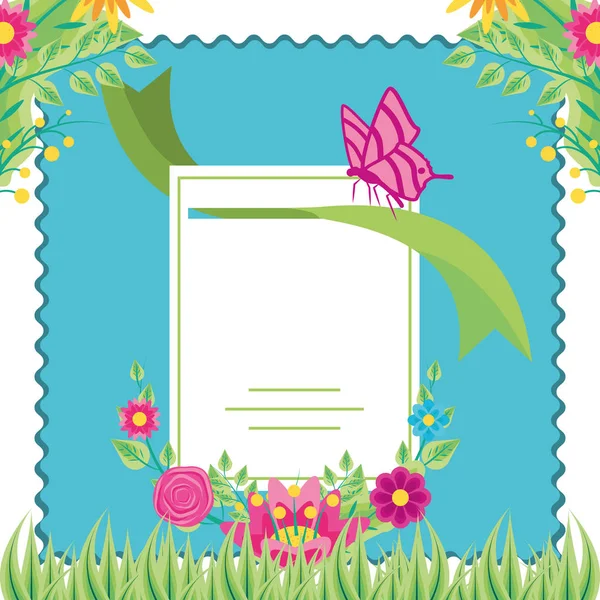 Ετικέτα στο πλαίσιο με λουλούδια και πεταλούδα — Διανυσματικό Αρχείο