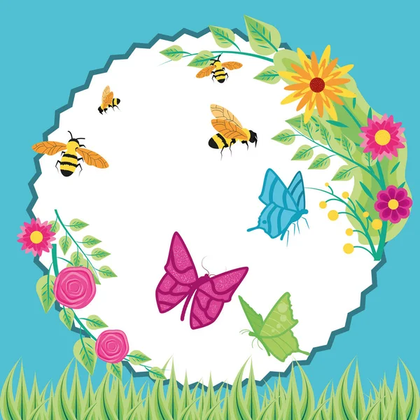 Flores com abelhas e borboletas em quadro circular — Vetor de Stock