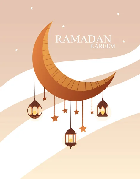 Ramadan kareem lune traditionnelle avec lampes suspendues — Image vectorielle