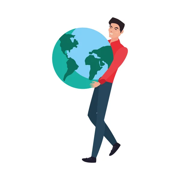 Hombre sosteniendo planeta mundo — Vector de stock