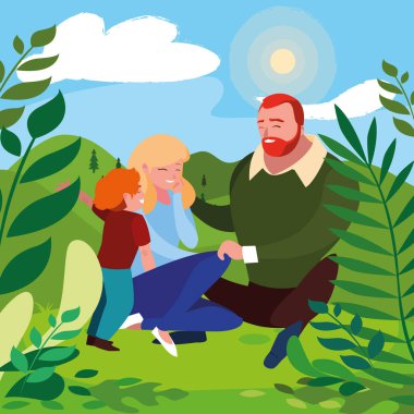 güneşli bir manzara içinde oğlu aile ile anne