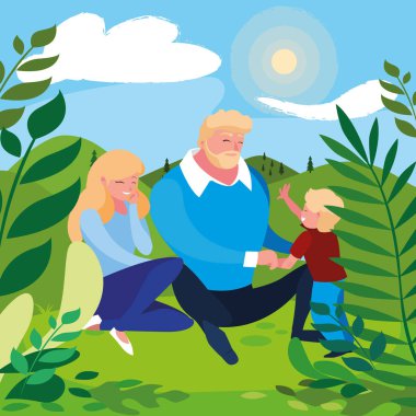 güneşli bir manzara içinde oğlu aile ile anne