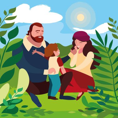 güneşli bir manzara içinde oğlu aile ile anne