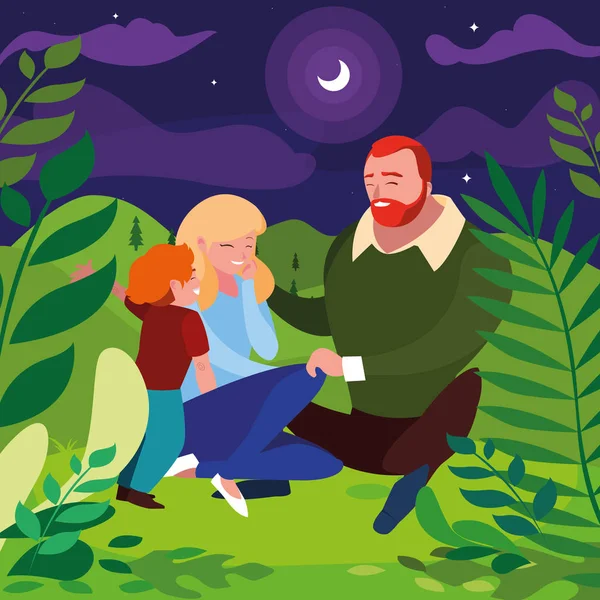 Ouders met zoon familie in nacht landschap — Stockvector