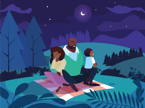 Родители афро с сыном семьи в ночном пейзаже природного — стоковый вектор