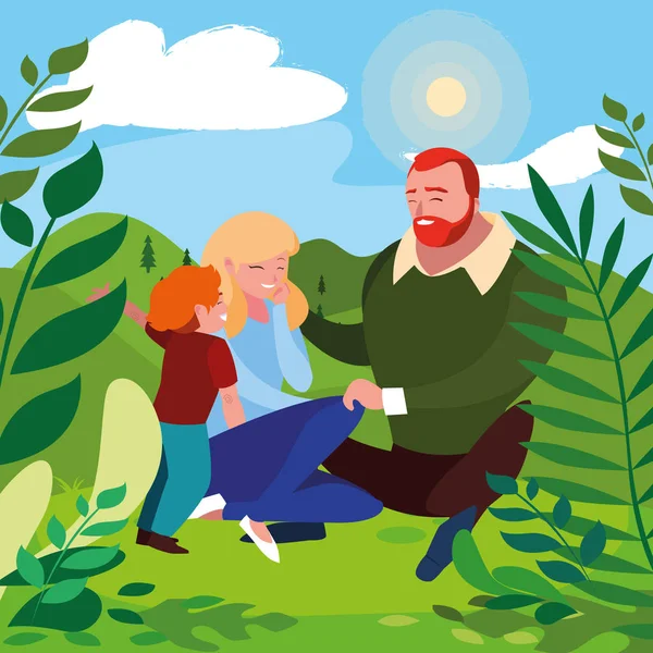 güneşli bir manzara içinde oğlu aile ile anne