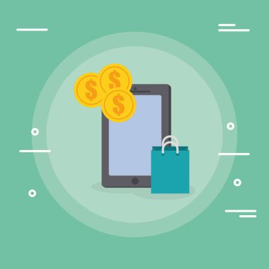 alışveriş çantası ve sikke ile akıllı telefon cihazı