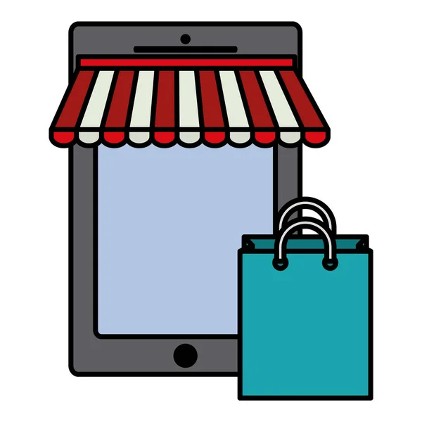 Dispositivo de smartphone com saco de compras — Vetor de Stock