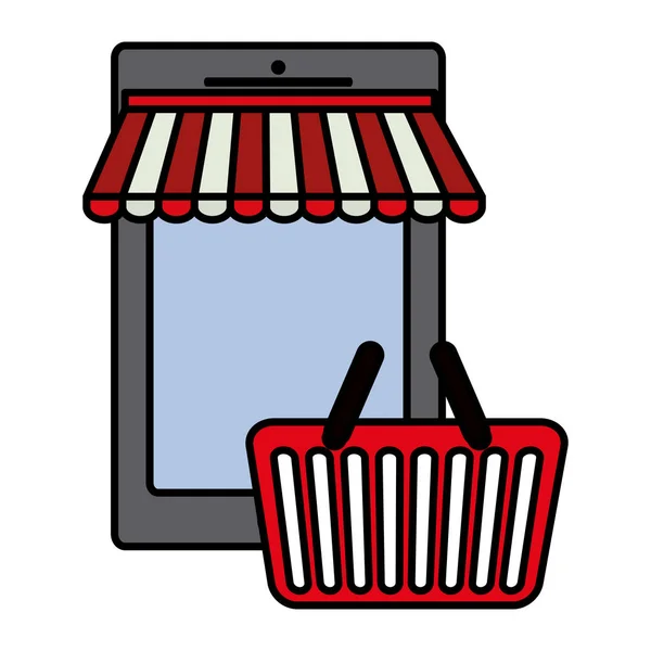 Dispositivo smartphone con cesta de la compra — Vector de stock