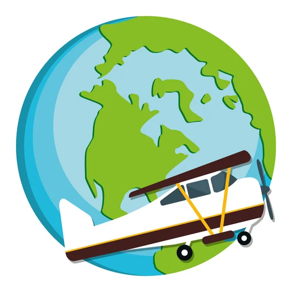 Welt Planet Erde mit kleinem Flugzeug — Stockvektor