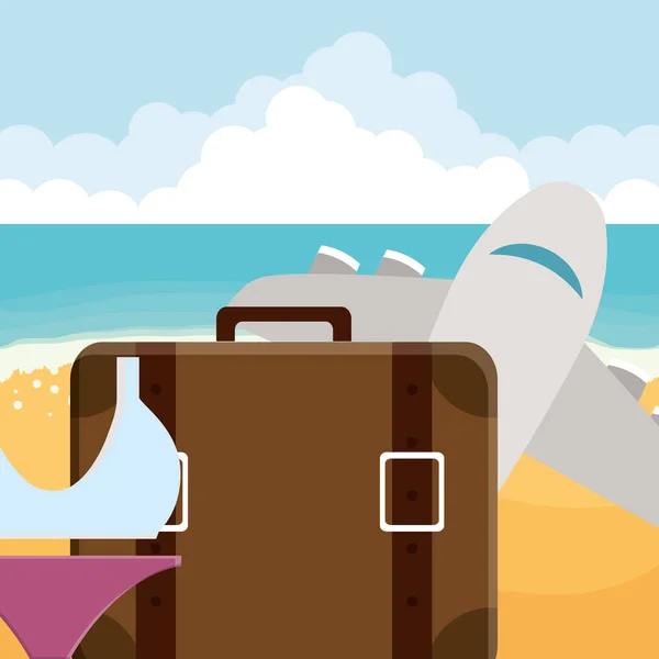 Suitcase travel vacations with swimsuit and airplane — Stock Vector