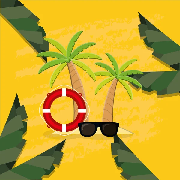 Árboles palmeras playa escena con gafas de sol — Archivo Imágenes Vectoriales