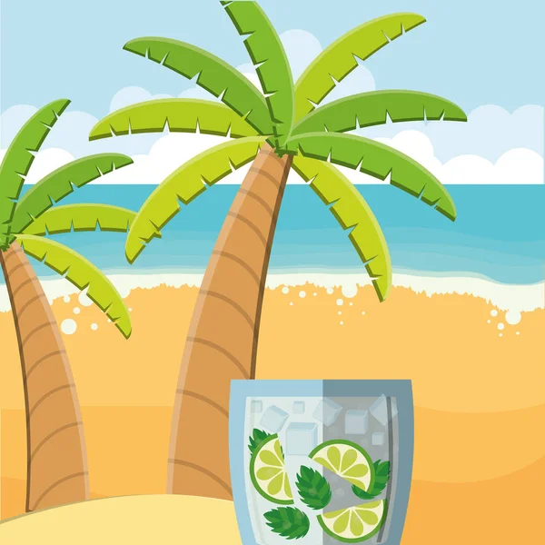 Arbres palmiers plage scène avec cocktail de limonade — Image vectorielle