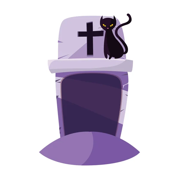 Halloween sírkő fekete macska — Stock Vector