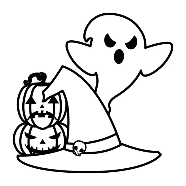 Chapeau de sorcière Halloween avec citrouille et fantôme — Image vectorielle