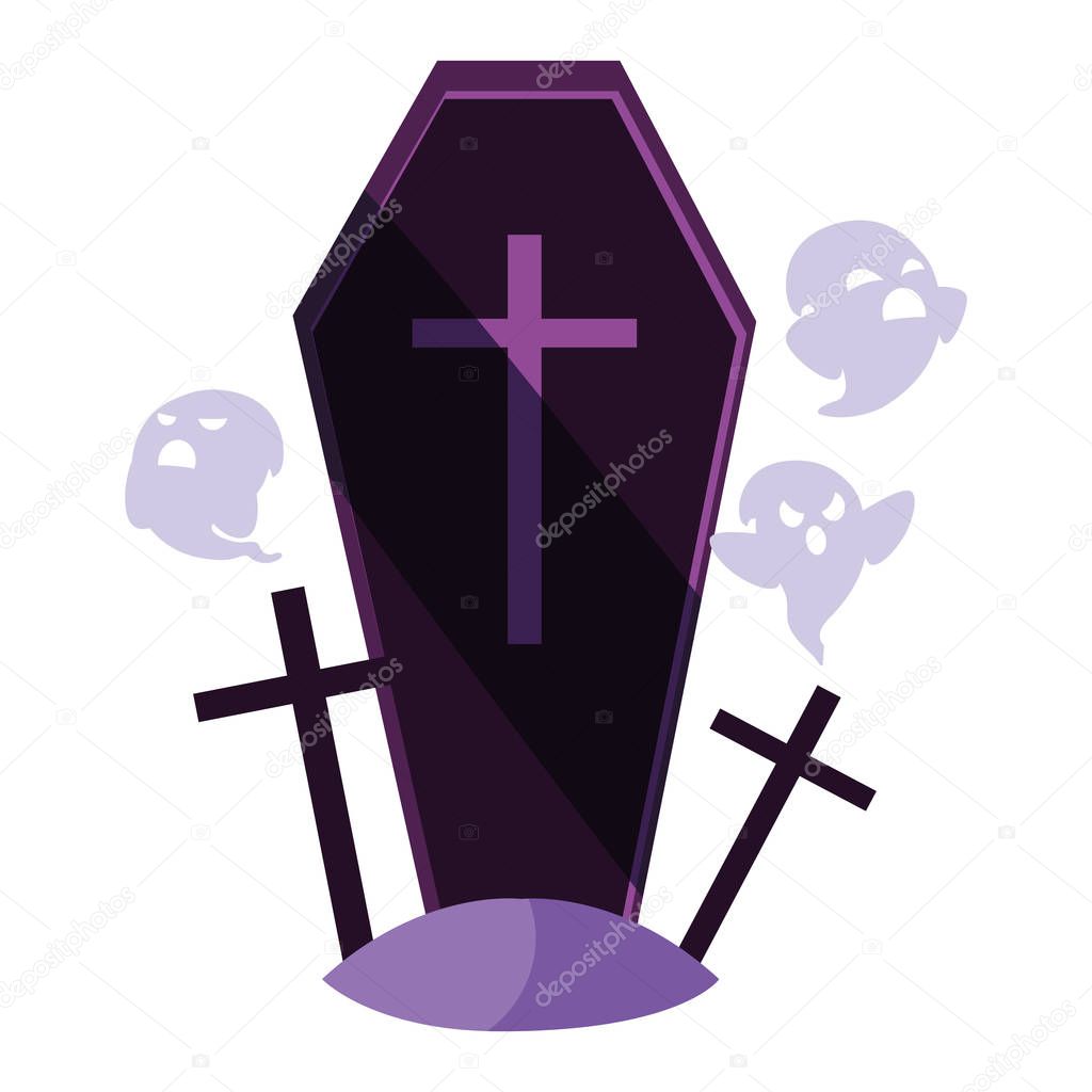 happy halloween coffin with ghosts and cross
