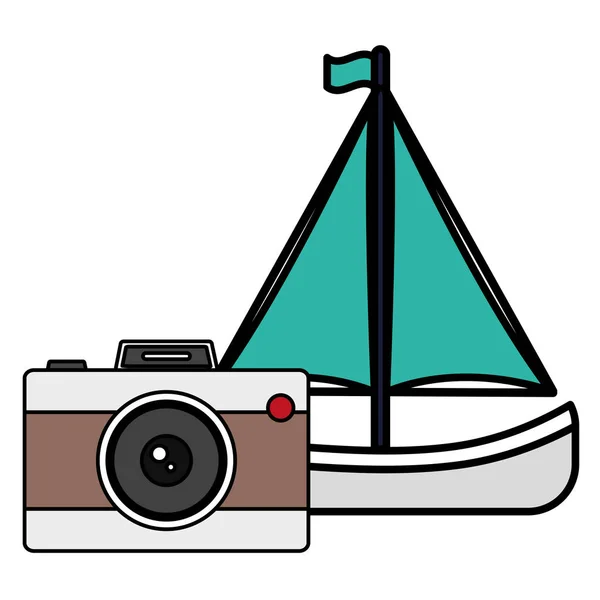 Fotografisk kamera med segelbåt — Stock vektor