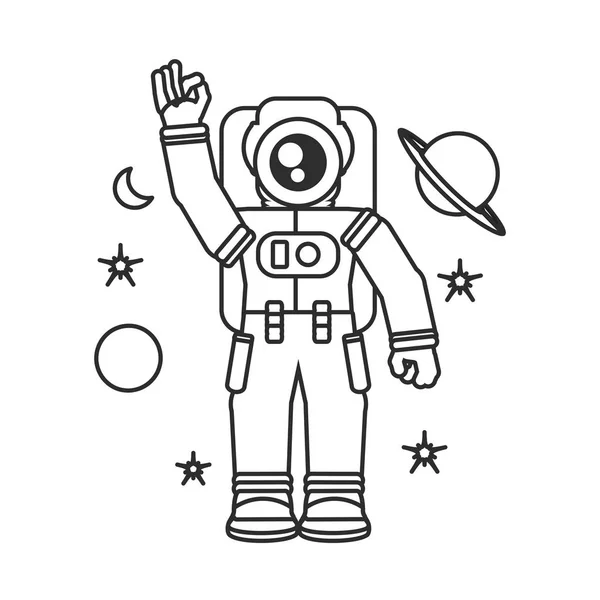Astronaut pak groet met set iconen — Stockvector