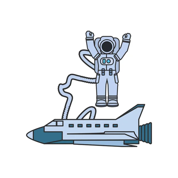 Traje de astronauta con lanzadera espacial y manguera — Vector de stock