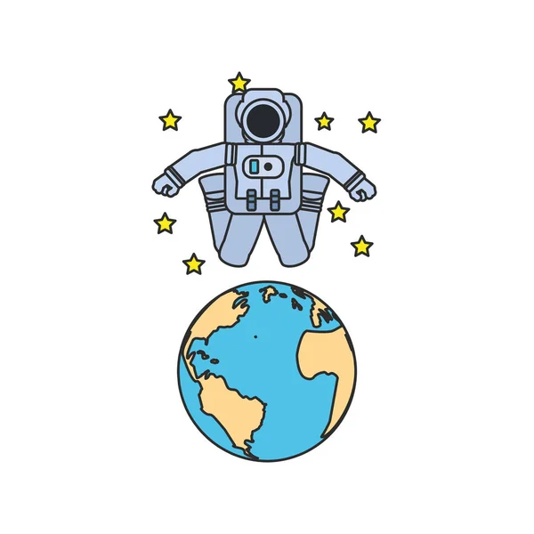 Astronaut pak springen met planeet aarde en set sterren — Stockvector