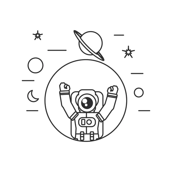 Astronautenanzug in kreisförmigem Rahmen mit eingesetzten Symbolen — Stockvektor