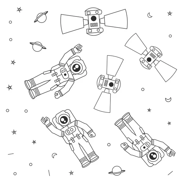 Uydular ve yıldızlar ile astronot lar takım elbise desen — Stok Vektör