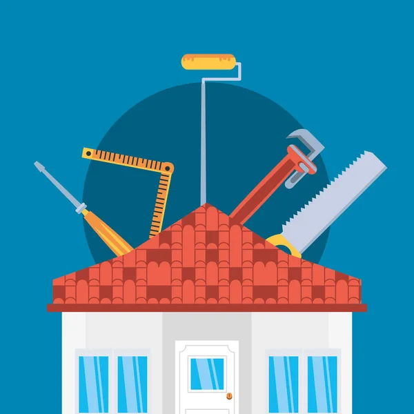 Facade of house construction with set tools — Stock Vector