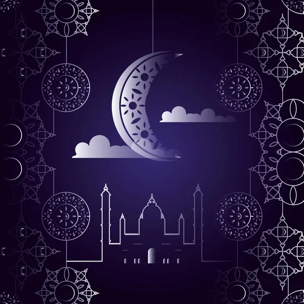 Bâtiment de la mosquée Ramadan Kareem avec lune et mandala — Image vectorielle