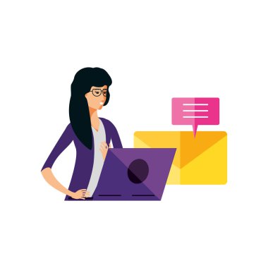 Konuşma balonu ve e- posta kullanan genç bir kadın