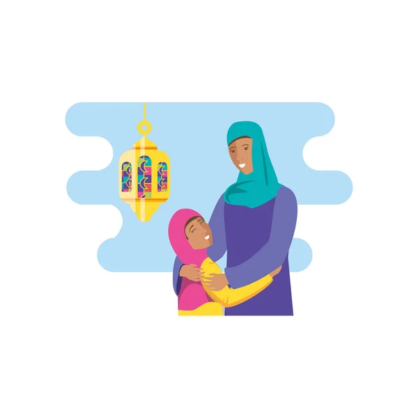 Islamische Mutter mit Tochter mit hängender Laterne — Stockvektor