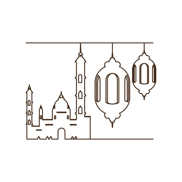 Lanternes ramadan kareem suspendues avec bâtiment mosquée — Image vectorielle