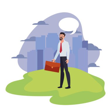 evrak çantası ayakta şehir arka plan ile işadamı