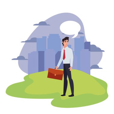 evrak çantası ayakta şehir arka plan ile işadamı