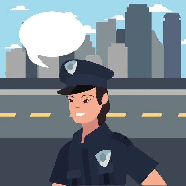 Mujer policía discurso burbuja ciudad calle — Archivo Imágenes Vectoriales
